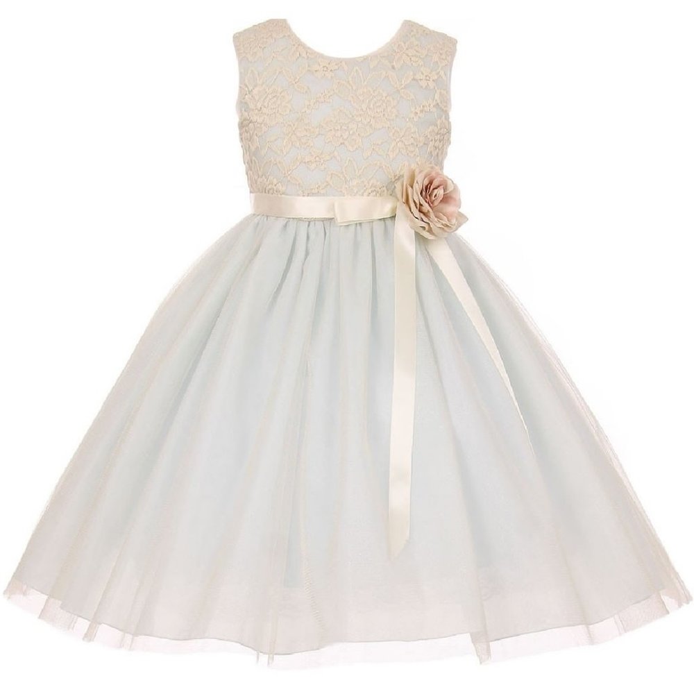 Big Girls Sleeveless Two Tone Lace Ribbon Wedding Party Flower Girls Dresses
